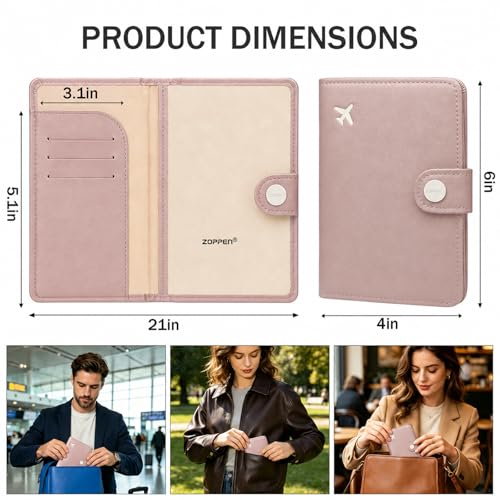 Image of ZOPPEN Passport Holder for Travel Essentials, RFID Blocking PU Leather Water-Resistant Lightweight Passport Cover with Multiple Card Slots, Easy to Carry Travel Wallet for Women Men, Dusty Pink