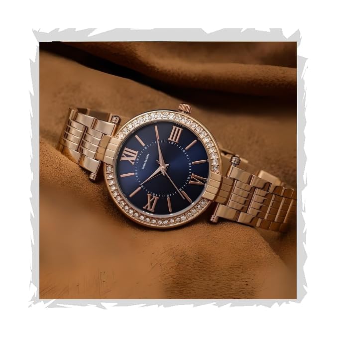 Image of EVRGLOW Analogue Wrist Watches for Women's & Girls&Miss&Ladies Luxury Blue Dial with Roman Marker in Diamond Studded Round case with Rose Gold brecelet Strap Stylish Quartz Watches