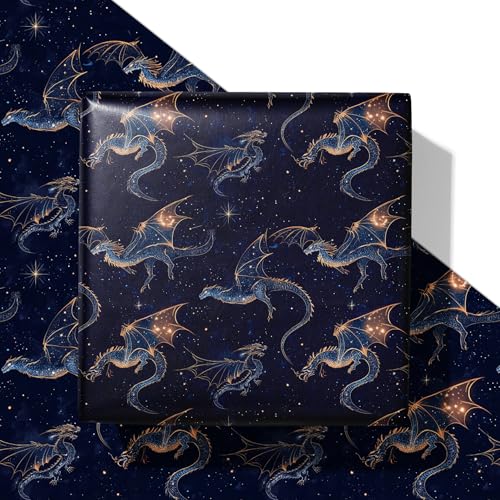 SaringSwoon Galaxy Wrapping Paper - Dragon Gift Wrap with Magical Dragon Starry Night Design for Birthday Baby Shower Fathers Day Graduation Christmas - 2840 Inches 4 Jumbo Folded Sheets