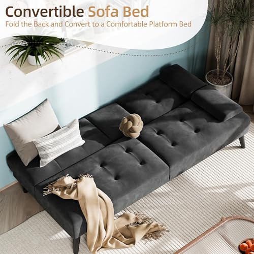 Image of Futon Sofa Bed,Velvet Foldable Couch,Reclining Sleeper with Removable Armrests,Upholstered Loveseat Sofa Couch with Folding Cup Holders for Home,Black