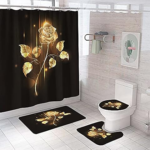 Black Shower Curtain with Bath Mats,4 Pcs Gold Rose Flower Fabric Bathroom Decor Sets with Golden Floral Waterproof Bathtub Curtains with White Hooks,Non-Slip Bath Rugs and Toilet Lid Cover (Black) Cover