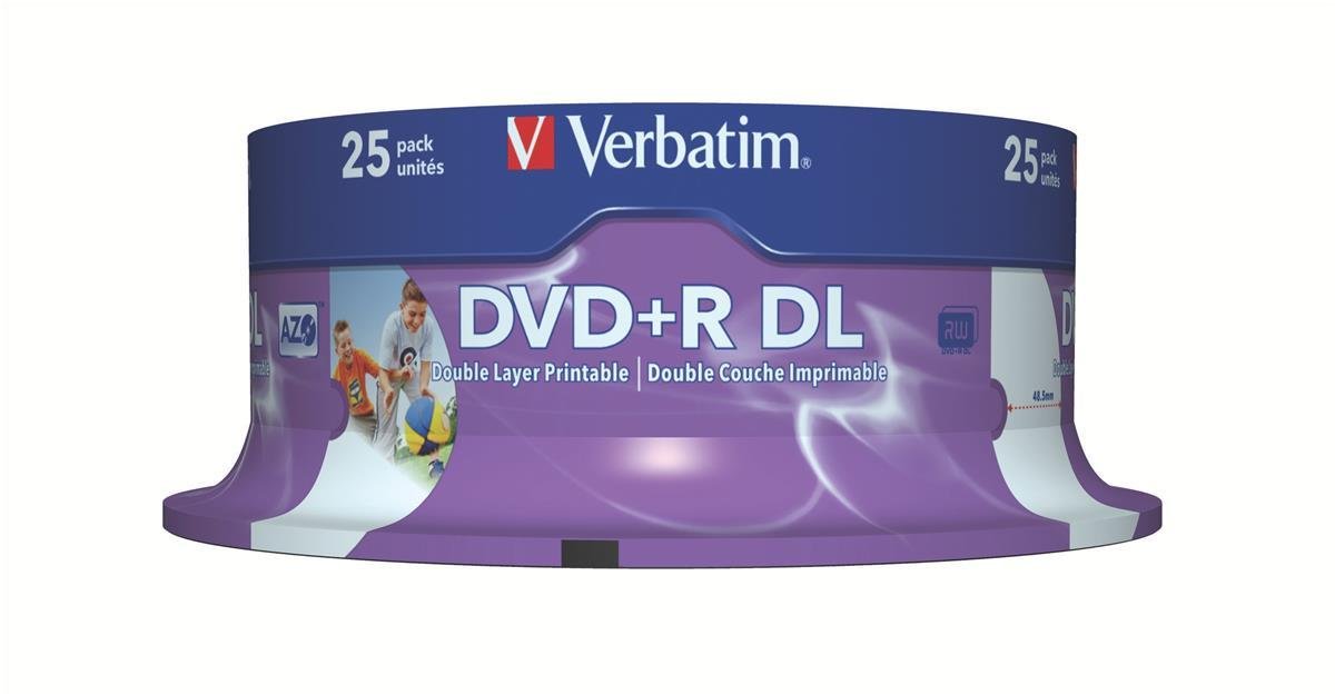 Verbatim 43667 8.5GB 8x Double Layer DVD+R Inkjet Printable - 25 Pack Spindle
