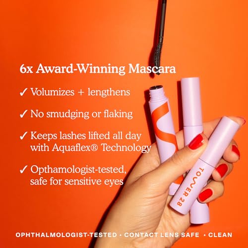 Tower 28 MakeWaves Vegan Black Mascara - Volumizing & Lengthening Mascara for Sensitive Eyes - With Aquaflex Technology for Humidity-Proof Lift - Hypoallergenic Eye Makeup - Jet (0.29 oz)