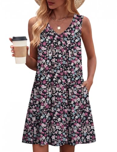 Image of Zeagoo Summer Dresses for Women 2026 Sleeveless Dress V Neck Tank Dress Pleated Floral Tshirt Sundresses with Pockets