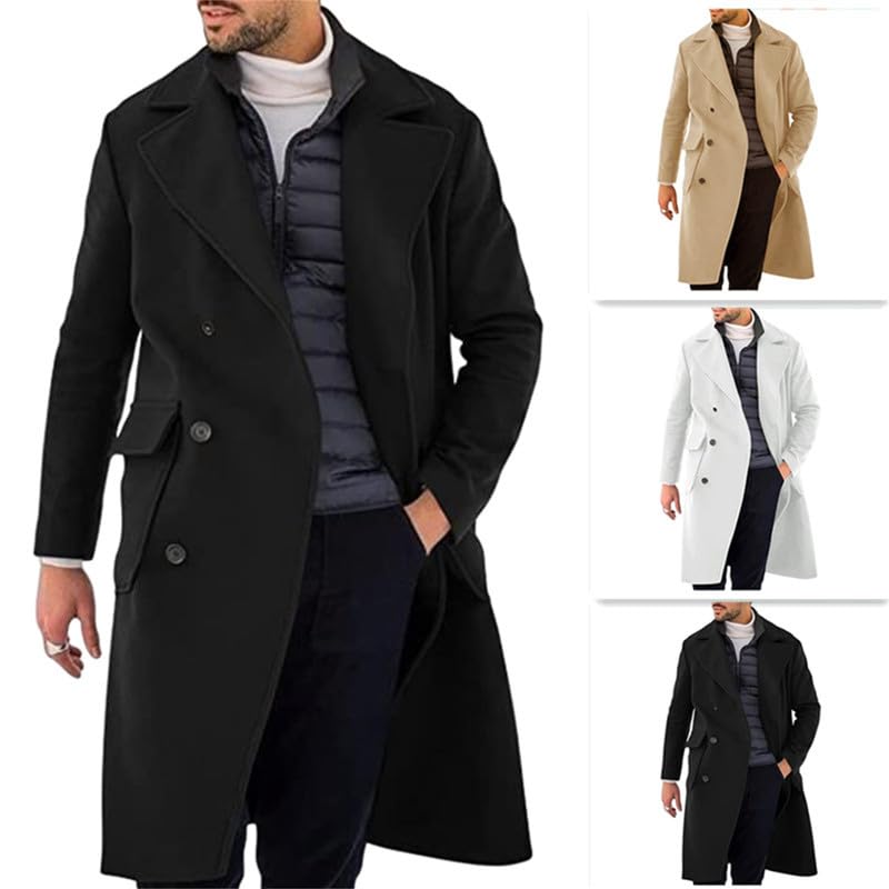 VIVICOLOR Trench lungo da uomo con risvolto e doppio petto in misto lana soprabito caldo invernale