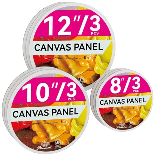 PHOENIX Round Canvas Painting Boards - 8 10 12 Inch/ 3 Pack Each - 9 PK Circle Canvas Boards for Painting - 100% Cotton Flat Triple Primed Blank Canvas for Oil Acrylic Painting & Crafts
