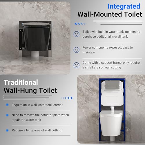 Image of Black Smart Wall Hung Toilet Combo,Auto Flush, Auto Open /Close LId,Heated Seat,Warm Water /Dryer, Modern Elongated Bidet Toilet with In wall Carrier (No need to buy an additional Water Tank)