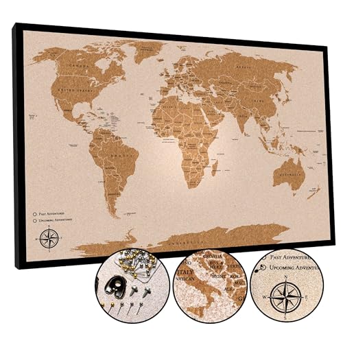 Push Pin World Travel Map – 30' x 20' Framed Cork Board Wall Art, Large Push Pin Map for Tracking...