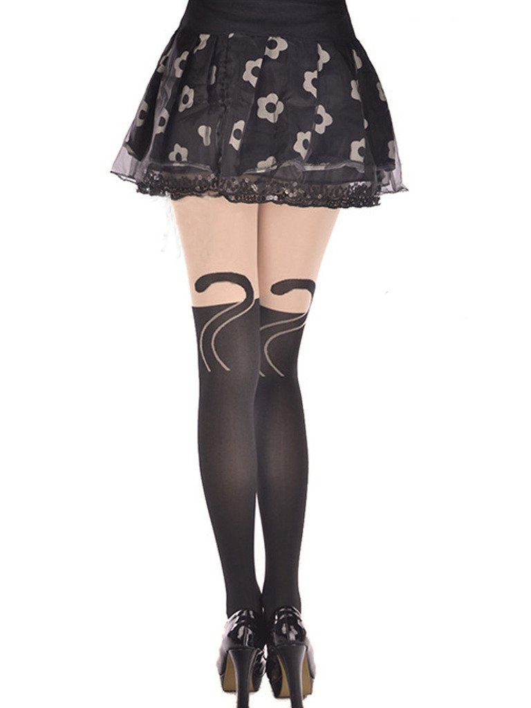 MACHEE Women's Cat Tail Hosiery Pantyhose Tattoo Legging Tights (Black), One Size (85-98cm)