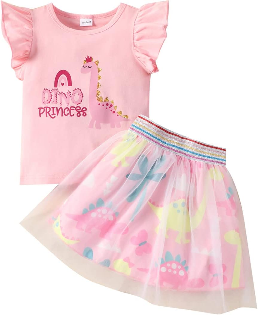 Girls Tulle Skirt Set Two Piece Ruffle Sleeve Unicorn T-Shirt Tutu Dress Summer Birthday Party Outfit 2-10 Years