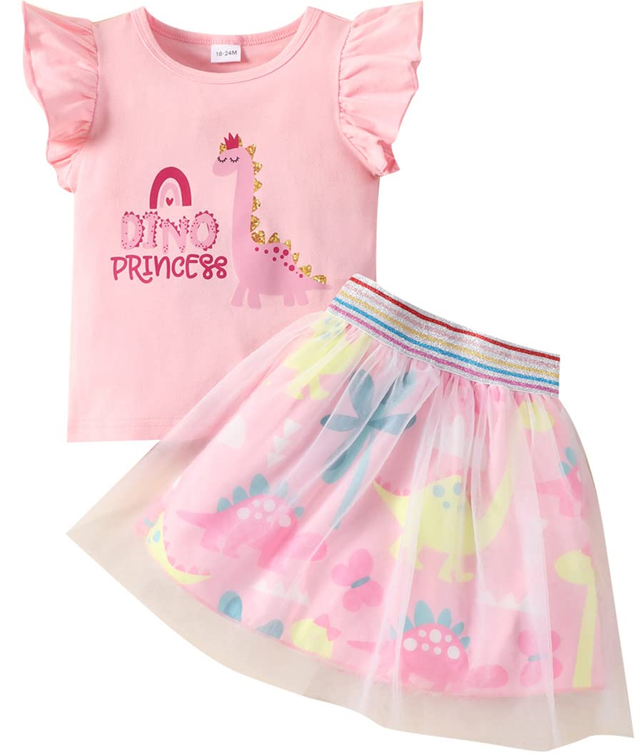 Girls Tulle Skirt Set Two Piece Ruffle Sleeve Unicorn T-Shirt Tutu Dress Summer Birthday Party Outfit 2-10 Years