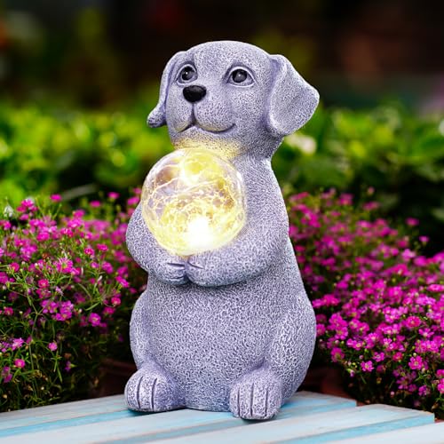 Goodeco Statue de chien - Décoration de jardin à LED à énergie solaire - Figurine de chien avec boule solaire - Décoration pour terrasse, pelouse, cour - Cadeau d'anniversaire pour femme/maman - Gris