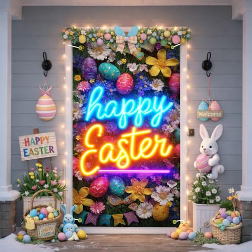 Image of Happy Easter Door Cover Neon Signs Style Bunny Eggs Banner Spring Front Door Decorations Home Party Outdoor Decor 35.4x71 Inch