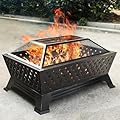 PHI VILLA 34" x 26" Firepits for Outside, Rectangular Wood Burning Outdoor Fire Pit with Spark Screen, Poker & Metal Grate, Stylish Patio FirePit for Cozy Nights
