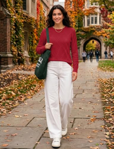 LOMON Ladies Sweaters Cable Knit Sweater Long Sleeve Casual Tops, Red L - image 2