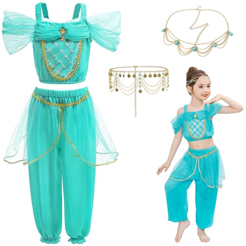 LCXYYY Déguisement Jasmine Fille Cosplay Arabie Princesse Jasmine Danse du Ventre Outfit Top et Pantalon avec Accessoires Set Halloween Noël Carnaval...