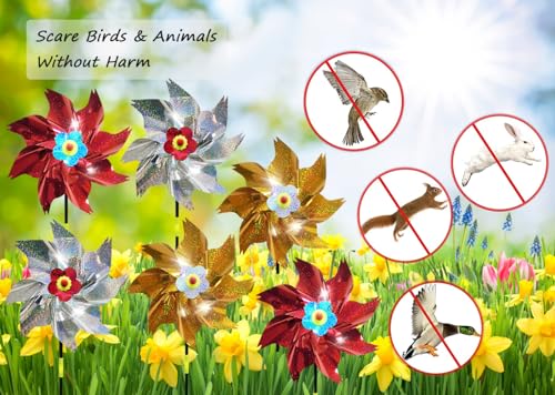 HADEEONG Sparkly Reflective Pinwheels with Stakes, Wind Spinners Outdoor Bird Scare Devices, Foil Pin Wheel Holographic Whirl Windmill for Yard Garden Decor Garden Wind Spinner 6 Packs - Gold