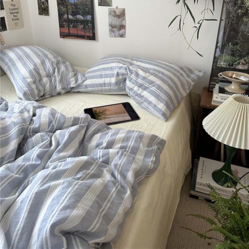 Image of Nayoroom Striped Duvet Cover Queen Blue White Stripe Bedding Set | Modern Farmhouse Coastal, Dorm Bedding, Soft Breathable Washed Microfiber, All-Season Comfort, Hidden Zipper, 4 Corner Ties