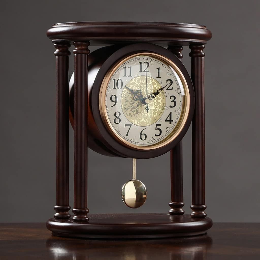 Retro Wooden Table Clock Living Room American Large Desk Clock Pendulum Clock Desktop Home Table Watch Decoration Gift(white-Patch five-pointed star4)