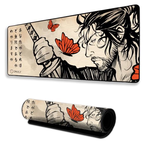 Image of Japanese Samurai Gaming Mouse Pad, Large Desk Mat 58.5 x 28 cm, Extended Washable Mousepad, Desk Pad, 2mm Thick Non-Slip Rubber Base, Stitched Edges, Smooth Surface (Multicolour)