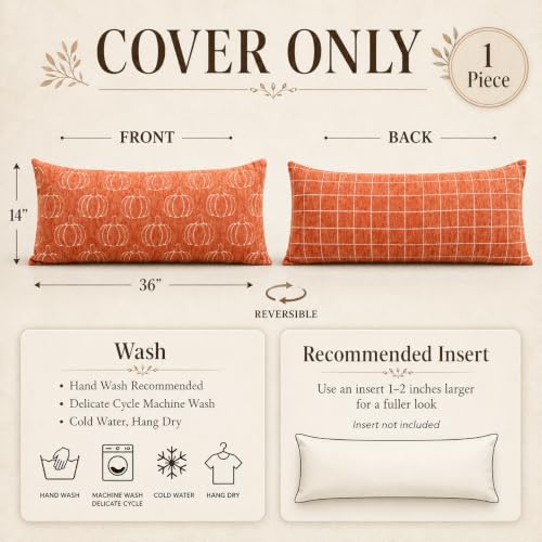 Image of Fall Pumpkin Chenille Pillow Covers 14x36 | Soft Chenille Double-Sided Pumpkin & Plaid, Thick & Cozy Farmhouse Autumn Decorative Cushion Covers for Couch Sofa Bed