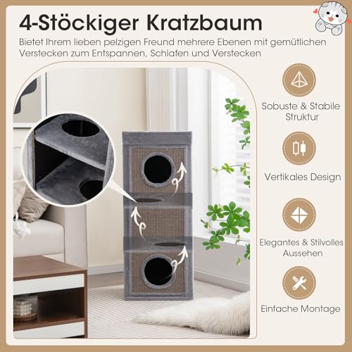 COSTWAY 4-stöckige Kratztonne Katzentonne, Kratzbaum mit Kratzbrett, 3 Katzenhöhlen & Kissen, Spieltonne für Katzen bis 25 kg, Katzenkratzbaum mit Höhlen, Katzenhaus Katzenmöbel, 40 x 40 x 99 cm, Grau
