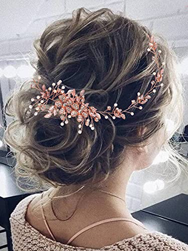 Heread Crystal Bride Wedding Hair Vine Flower Bridal Headband Leaf Hair Breath Accessories For Women And Girls  (A Rose Gold) #TOP4