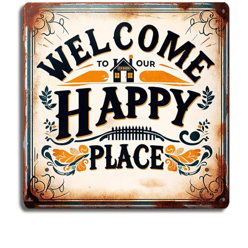 SEHINU Letrero de bienvenida rústico para el hogar, 8 x 8 pulgadas, arte de pared de metal vintage, 'Welcome to Our Happy Place', decoración acogedora y encantadora para entrada, cocina o patio