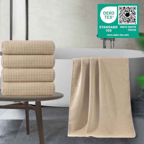 Image of POLYTE 430 GSM Microfiber Oversize Quick Dry Lint Free Bath Towel, 60 x 30 in, 4 Pack (Waffle Weave)