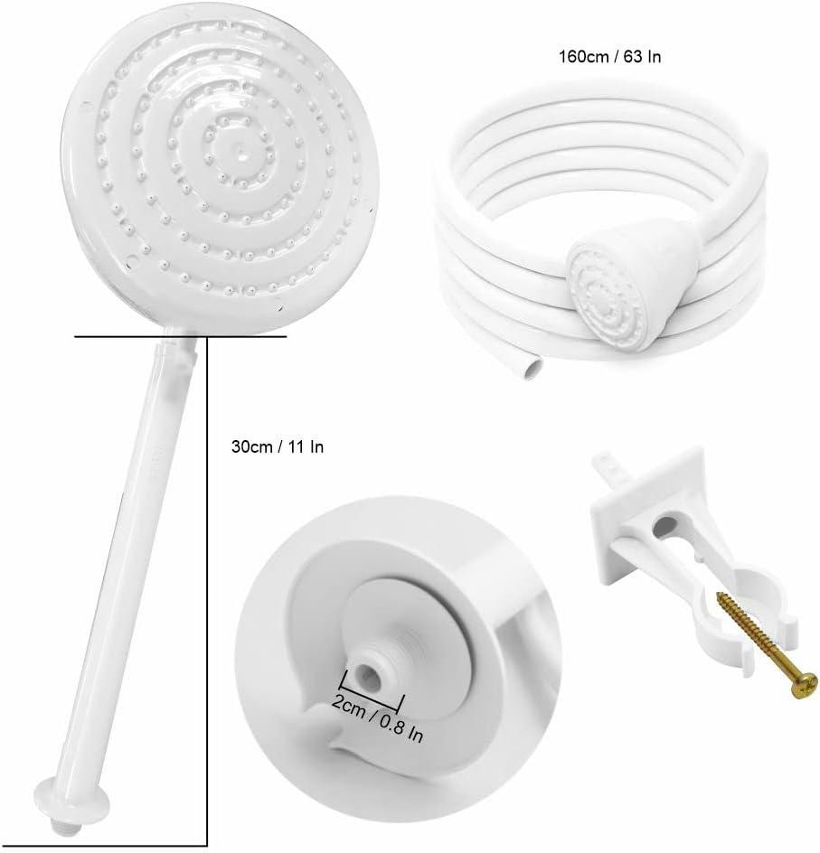 Diagram showing key dimensions of the FAME EVIDENCE shower head and included hose. The shower head diameter is shown, the installation tube length is 30cm (11 inches), and the hand hose length is 160cm (63 inches).