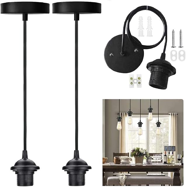 EMAGEREN 2 Pack Black Pendant Light Fitting E27 Ceiling Rose Pendant Vintage Pendant Lamp Holder Suspension Flex Ceiling Light Pendant Fitting Kit with 1Meter Cable for Screw-Type Bulb Light