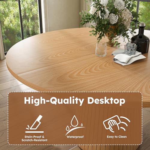 Image of Modern Round Dining Table, 47 inch Round Kitchen Table with Oak Wood Grain Tabletop & Fluted Strip Base, Space Saving Circle Dining Table Seats 4-6, Ideal for Dining Room, Living Room, Small Space