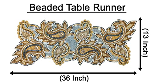 Beaded Table Runner 36 Inches Long Christmas Snowflake Coastal Shell Sunflower Beaded Table Runners Paisley Design For Halloween Hanukkah Coffee Tropical - 13"X36" Multi Gold/Grey #TOP4