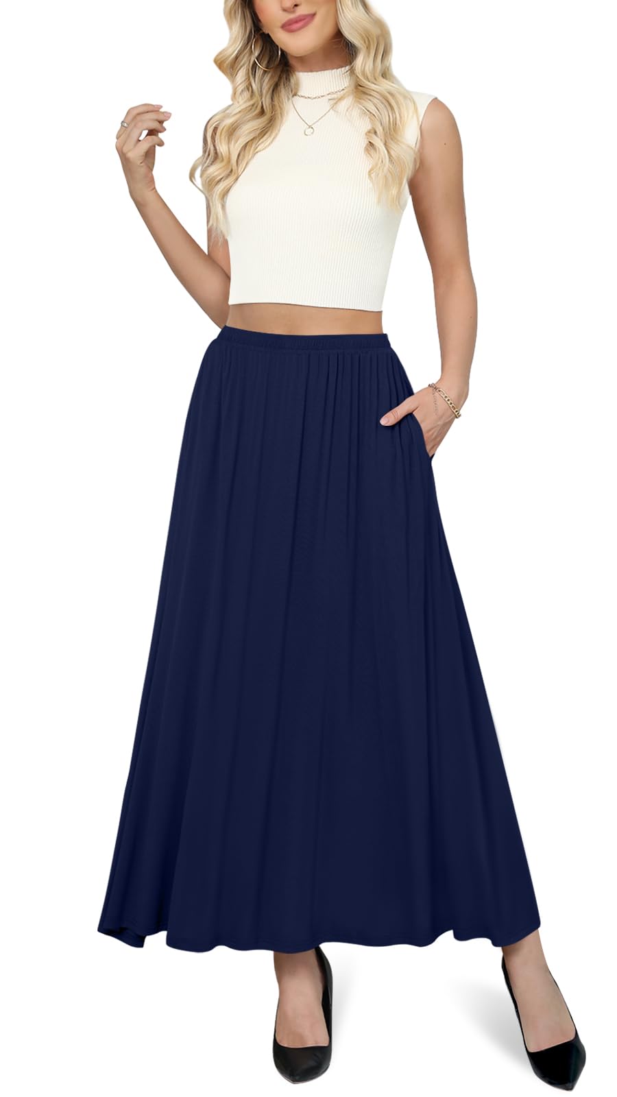 Yincro Womens Maxi Skirt Casual Flowy Elastic High Waist Long Skirts with Pockets
