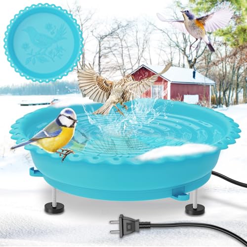 ODSNANIE Heated Bird Bath for Outdoors Winter 100W Thermostat Control Heated Bird Bath for Outside with 3 Metal Extension Screws Large Capacity Heated Birdbath for Outside Garden Yard Lawn (Blue)