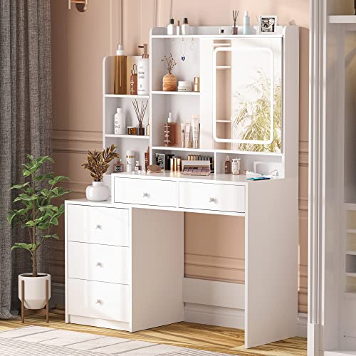 Vabches Vanity Desk With Mirror And Lights,Makeup Vanity With 6 Drawers And Shelves,Vanity Table With Power Outlet,Makeup Desk With Led Lighted Mirror In 3 Colors,For Bedroom,White #TOP2