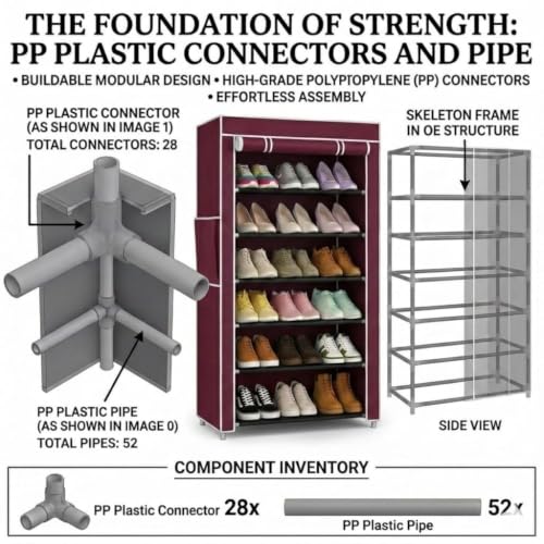 Image of EASY BUY Economy Shoe Rack for Home with Cover Maroon, Plastic Rack 6 Shelves with Zip Door Cover & Side Pocket, Dustproof Storage Organizer for Footwear, Toy, Shoe Rack Plastic, Slipper Stand