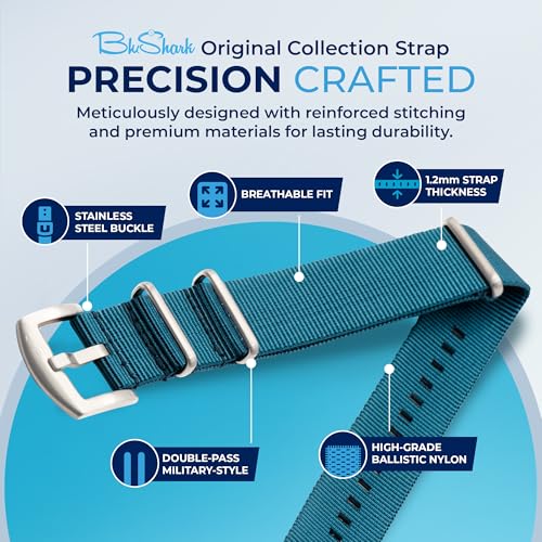 Image of BluShark - Original Collection Military-Style Waterproof Watch Strap, Fits All Timepiece Brands, Durable Nylon Wristwatch Accessories with Stainless Steel Buckle - 18mm, 20mm, 22mm & 24mm Watch Bands