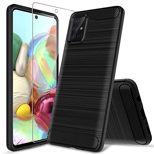 MP-MALL Funda para Samsung Galaxy A71,[Anti-Huella Digital][Slim Fit] Carcasa Protectora Cepillada TPU Suave Cover con Vidrio Templado Screen Protector[1 Pack] para Samsung Galaxy A71 - Negro