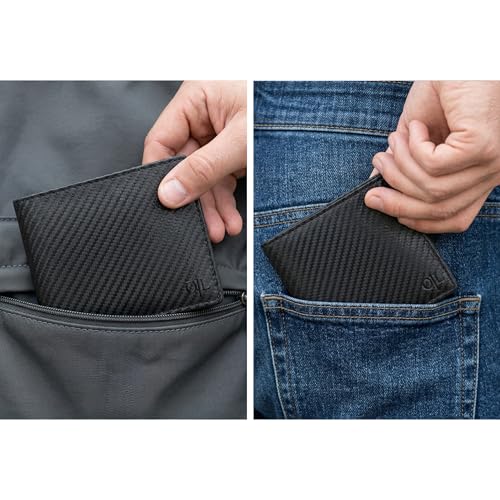 Image of Oak Leathers Slim Leather Wallet for Men - RFID Blocking Slim Minimalist Front Pocket - Thin & Stylish with ID Window, Gift For Men(Black Carbon /Green)