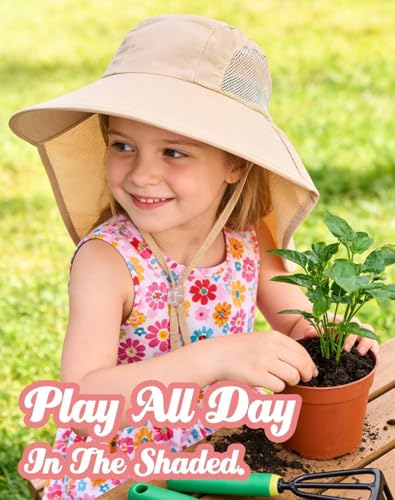 Image of Rosoz Kids Sun Hat with Neck Flap UV Protection Summer Toddler Beach Hat Unisex Ponytail Hat Wide Brim Fishing Hat