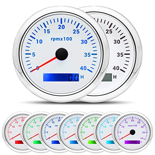 ARTILAURA Tachometer Boat 4000 RPM Gauge 85mm 3-3/8" 7 Color Waterproof for Marine Car AUTO Truck 9-32V (White)