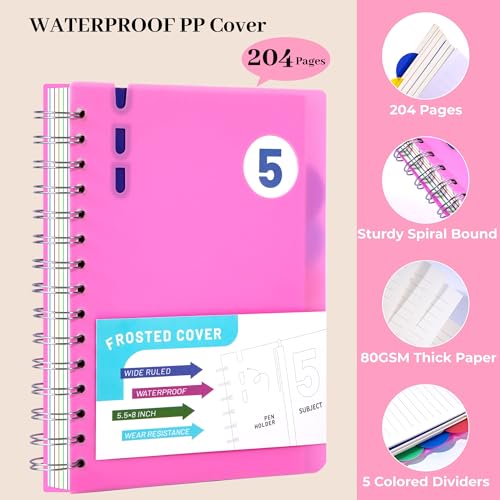 Carnet à spirale ligné pour ne plus perdre ses notes cahier rigide rose 5 intercalaires - 3