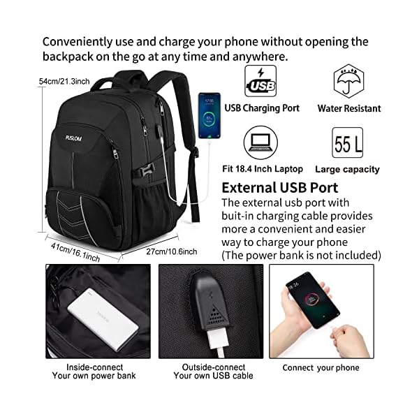Mochila Grande 55L Portatil 18.4 Pulgadas Ordenador con Puerto USB Antirrobo Impermeable - Imagen 3