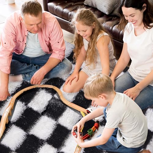 Teppich Kariert Wohnzimmer 90x150cm, Waschbarer Teppich Schlafzimmer Schwarz Weiß, Flauschig Hochflor Antirutsch Teppiche Schachbrettmuster, Modern Schachbrett Carpet für Living Room Kinderzimmer