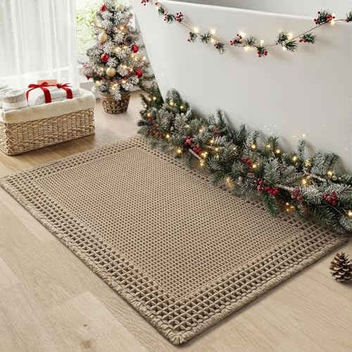 RESARE Waffle Bath Mat for Bathroom, Super Absorbent Bathroom Rugs Non Slip Machine Washable, Ultra Soft Quick Dry Boho Bath Rugs with Tassels for Floor, Upgraded Bordered Design, 24'x36' Brown