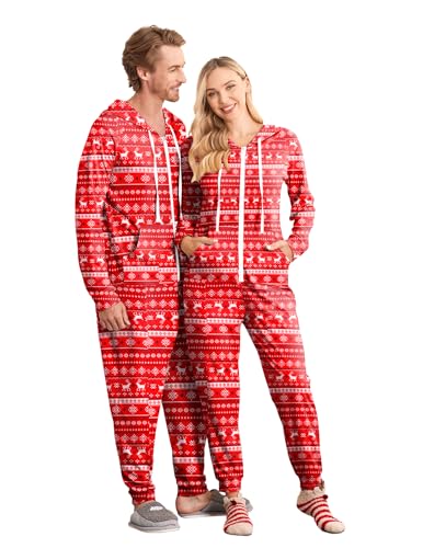 Ekouaer Christmas Onesies for Women Zipper Hooded Adult Onesie Pajamas Soft One Piece Pajamas with Pockets S-XXL