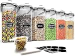 Wildone Storage Containers Set, Large BPA Free Plastic Airtight Food Containers 4L /135.3oz for Cereal, Flour, Sugar, 6 Piece Cereal Dispensers with 20 Labels & Marker, Black
