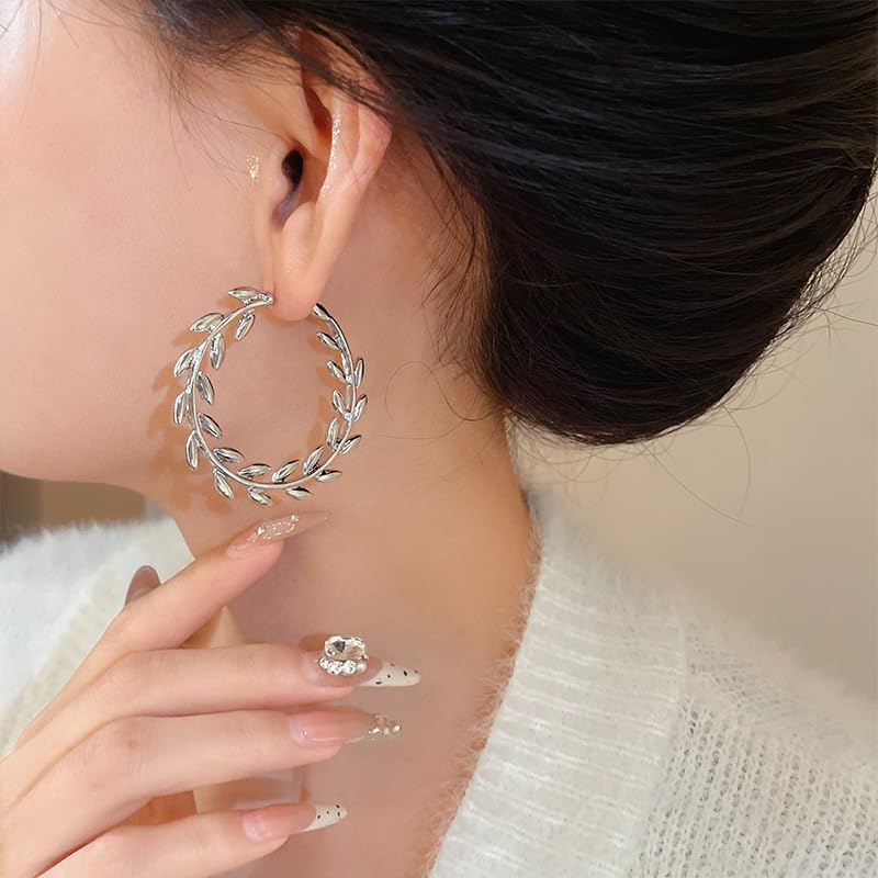 Dainty Leaf Large Open Circle Hoop Earrings for Women Sterling Silver Post Statement Polished C Shape Plant Leaves Dangle Huggie Fashion Trendy Big Hoops Drop Earring Lightweight Prom Jewelry Gifts - Image 6