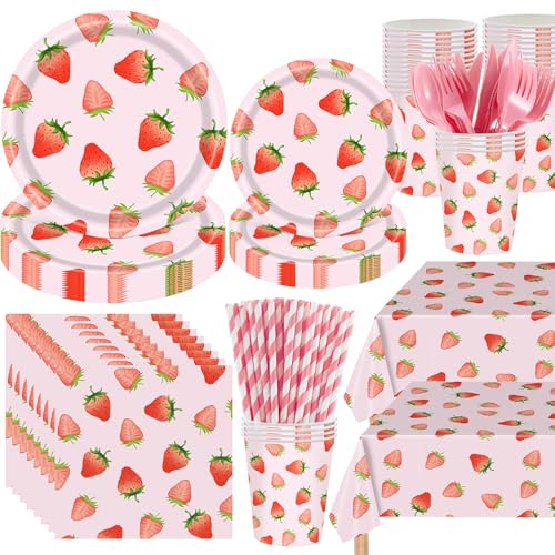 Image of Funnymoom 452 Pcs Strawberry Party Supplies for 50 Guests, Strawberry Paper Plates Napkins Cups Tablecloth Cutlery Straws for Berry First Birthday Baby Shower Party Decorations